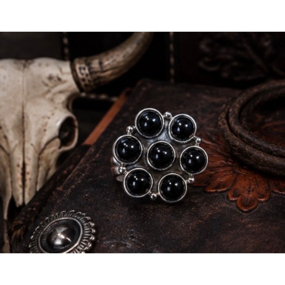 Black Onyx Small Cluster Ring Sterling Silver  Size 6–9